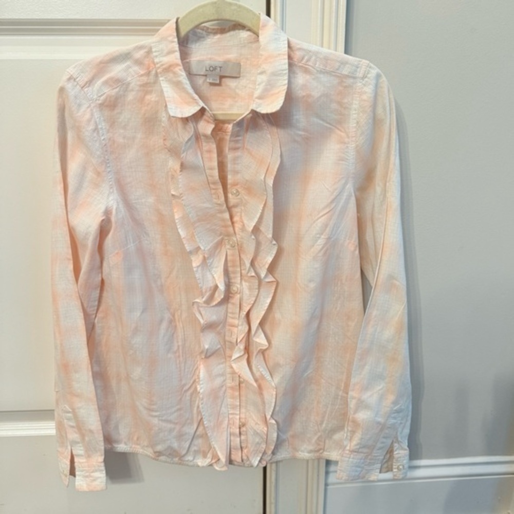 LOFT Light Peach Checkered Blouse Size Small